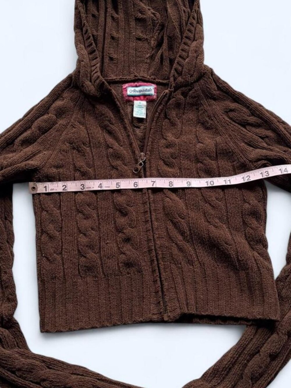 Vintage Y2K Aéropostale chocolate brown cable knit cropped zip-up hoodie S - Picture 3 of 5
